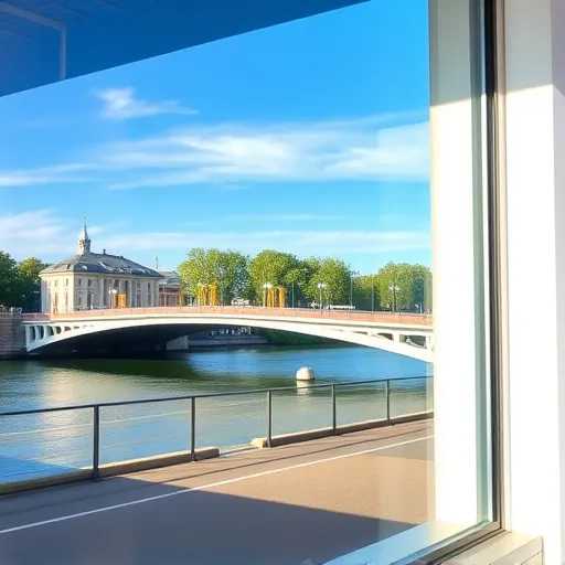 Freshly cleaned window reflecting blue sky and greenery near modern building with Stillwater's historic architecture.