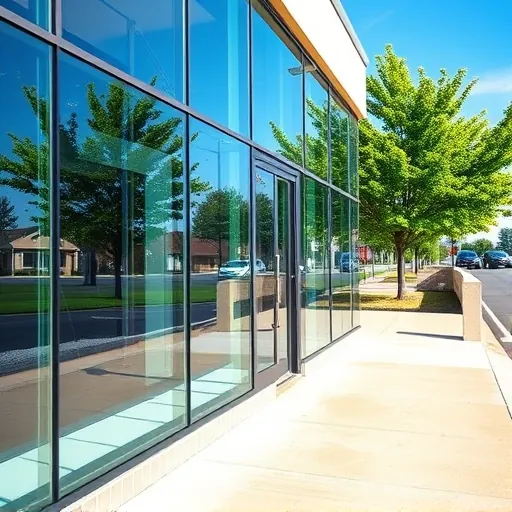 Sparkling Newport commercial building with spotless glass windows reflecting blue sky and green trees