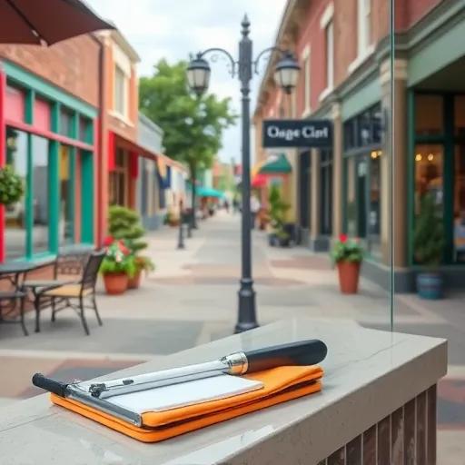 Pristine storefront window in Lake Elmo Village MN reflecting vibrant shops, greenery, outdoor seating, and vintage lampposts