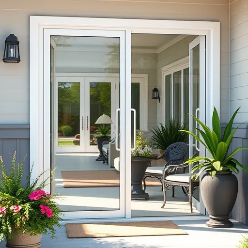 Pristine sliding glass door reflecting natural light, surrounded by greenery, vibrant flowers, and elegant outdoor patio