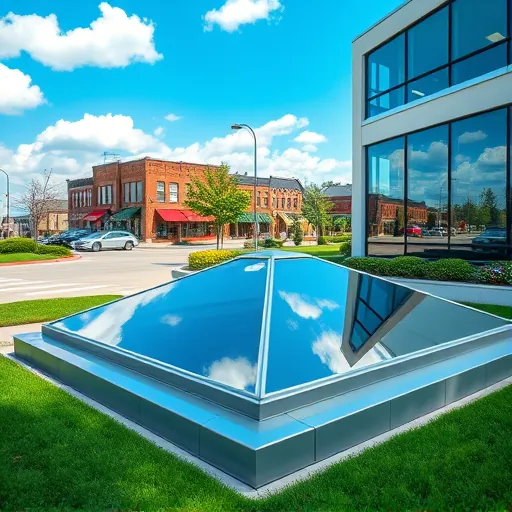 Modern commercial building with a clear skylight reflecting sky and clouds in Stillwater MN lush landscaped exterior