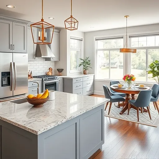 Completed home remodeling in Eagan MN featuring a modern kitchen with gray cabinetry, granite countertops, and natural light.