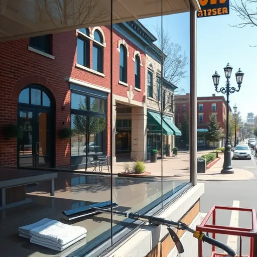Spotless commercial window reflecting historic downtown Stillwater MN, showcasing cleanliness and professionalism.