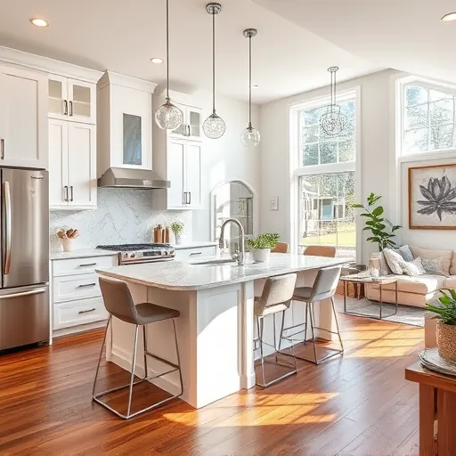 Modern kitchen in Cottage Grove MN with white cabinets, quartz countertops, stainless appliances, and hardwood floors.