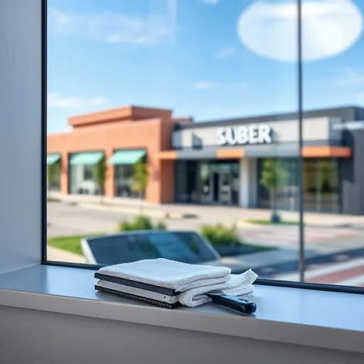 Pristine commercial window reflecting blue sky and trees with cleaning tools on spotless windowsill in Gladstone MN