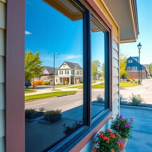 Professionally cleaned window in Wildflower Community MN reflects a vibrant neighborhood with lush greenery and quaint houses.