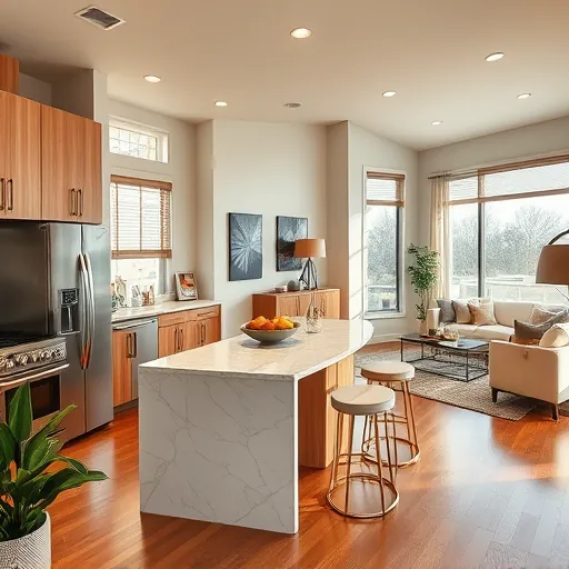 Modern kitchen in Apple Valley MN with high-end appliances, elegant cabinetry, marble countertop, and open living area.