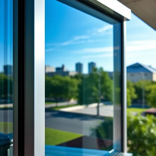 Pristine clean commercial window reflecting blue sky with city views, lush greenery, and modern building facade in Maplewood MN