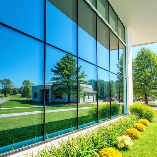 Clean glowing windows on a modern commercial building in Afton Minnesota reflecting blue sky and green landscaping
