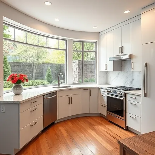 Modern kitchen remodel in Apple Valley MN features sleek appliances, quartz countertops, stylish backsplash, and hardwood flooring.