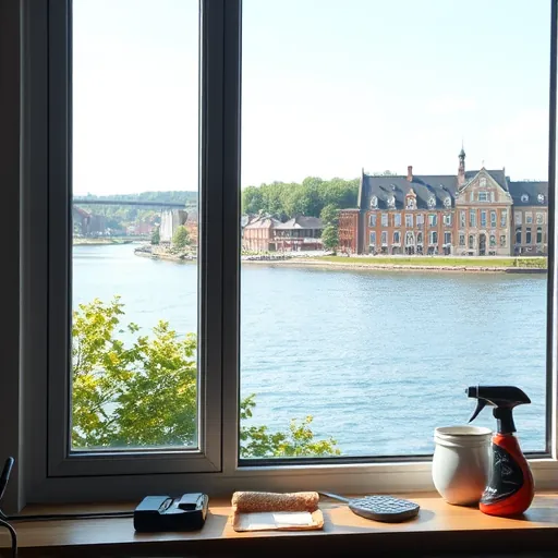 Pristine clean window overlooking Stillwater Minnesota landscape with greenery historic buildings and calm river waters