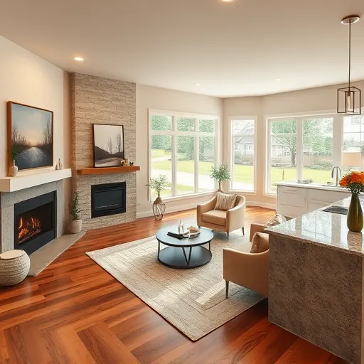 Stunning Afton MN living room showcasing modern furnishings, cozy fireplace, and open-concept kitchen with natural light.