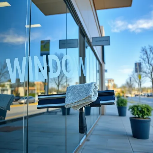 Pristine glass storefront with reflective surfaces, cleaning tools, modern building, greenery, and clear blue sky