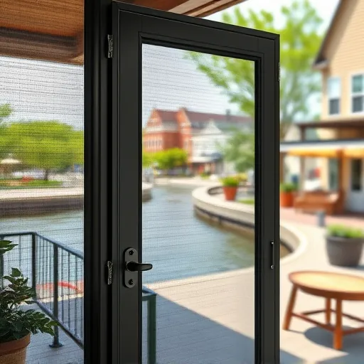 Pristine clean screen door in Stillwater MN revealing river and historic town, detailed hardware and mesh in daylight