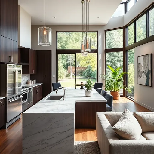 Modern open-concept living room in Dancing Waters MN with sleek kitchen, natural light, and elegant decor.