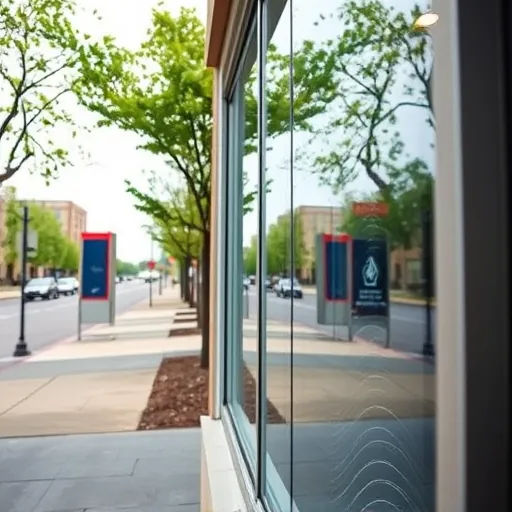 Pristine window on modern building in Inver Grove Heights MN, framed by lush greenery and subtle cityscape blur.