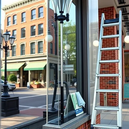 Pristine downtown Hastings storefront window reflecting brick buildings and lively street scene with cleaning tools and ladder