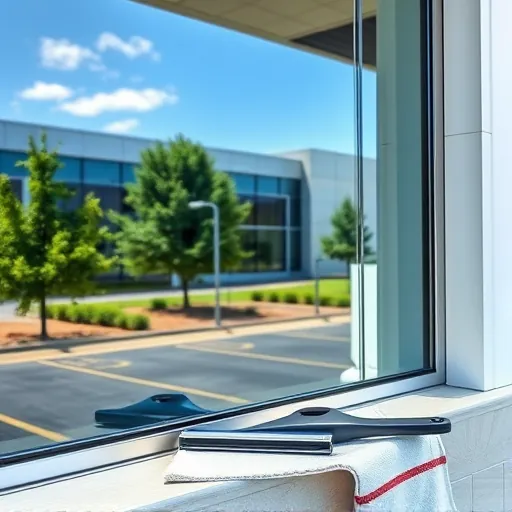 Pristine window on modern commercial building in Lake Elmo with clear reflections of greenery and blue sky.