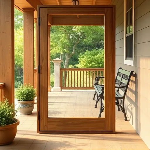 Repaired screen door with seamless mesh fit on a wooden frame in a welcoming porch setting in Stillwater Minnesota.