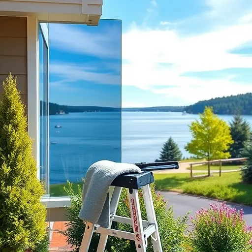 Pristine window reflection shows bright blue sky, clean tools on ladder outside a Minnesota home near Tanners Lake