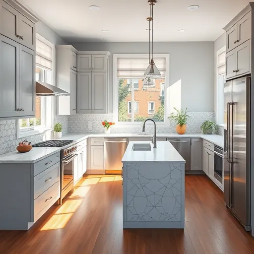 Renovated kitchen in Hastings MN features gray cabinetry, stainless steel appliances, and elegant tile backsplash.