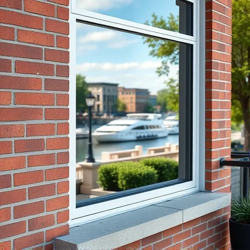 Pristine renovated window on a modern building in Stillwater Minnesota reflecting vibrant downtown and lush greenery