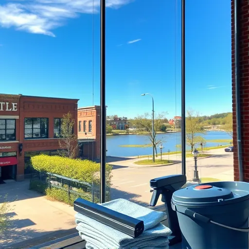 Spotless windows on a commercial building in Stillwater MN reflect a clear blue sky and historic architecture.