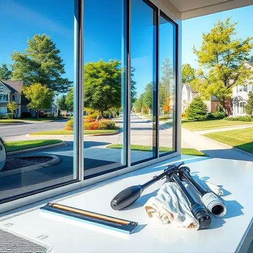 Pristine window cleaning scene in North Inver Grove Heights with spotless glass reflections and professional tools.