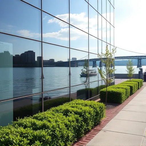 Clean glass windows reflecting the river and cityscape on a modern commercial building in Riverfront Area MN
