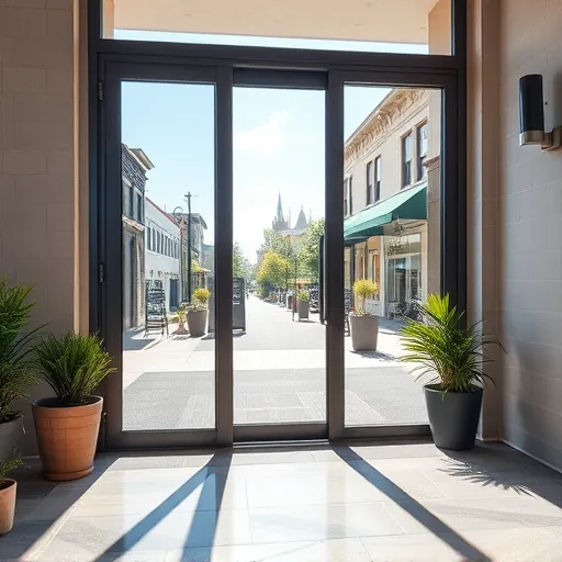 Clean sliding glass door in Stillwater Minnesota with bright reflections, historic downtown visible, on a polished patio