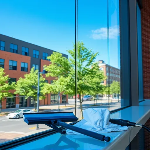 Spotless modern commercial building window reflecting blue sky and cityscape with cleaning tools nearby in East Hastings Minnesota