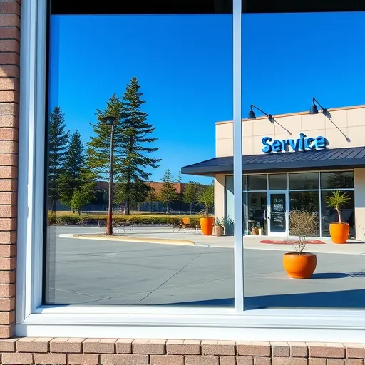 Spotlessly cleaned commercial window reflecting blue sky and trees at a Powers Lake MN business with fresh paint and tidy surroundings
