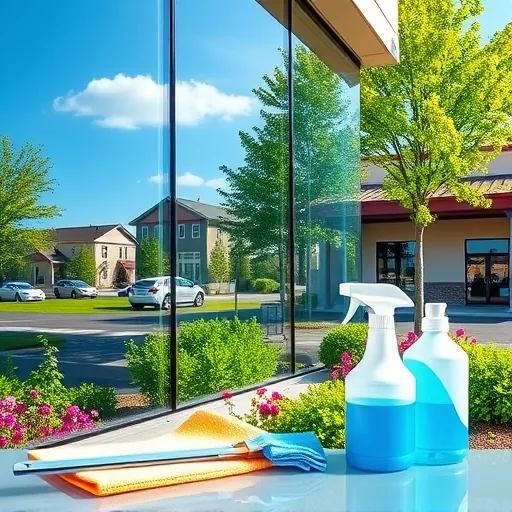 Pristine glass windows reflecting blue sky and green trees on a modern building in North Lake Elmo with cleaning tools and vibrant landscaping