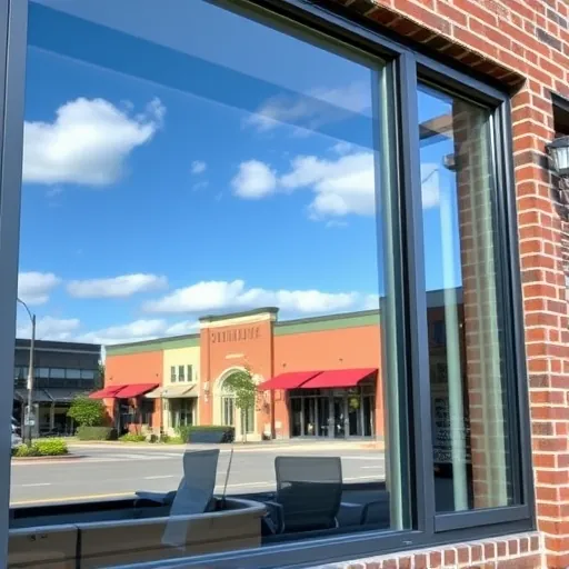 Spotless window on a modern Stillwater MN building reflects blue sky and charming streetscape, emphasizing cleanliness and detail.