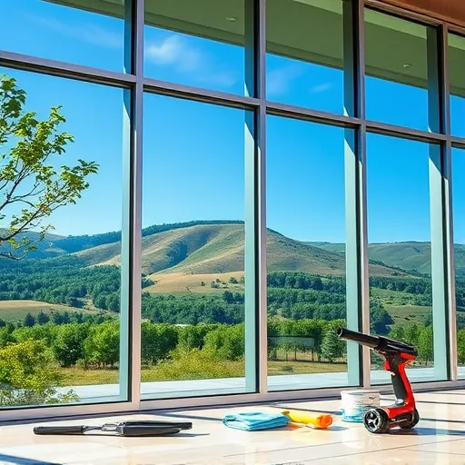 Sparkling clean glass windows of a modern commercial building reflecting lush greenery and blue sky in Afton Highlands MN