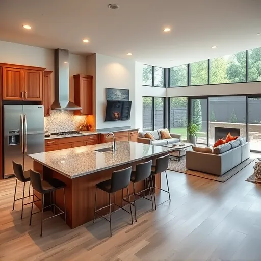 Home remodeling in Apple Valley MN features a modern living space with a custom kitchen, elegant island, and cozy fireplace.
