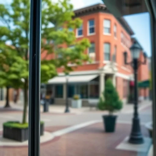 Pristine clean window reflecting Stillwater scenic landscape with green trees and brick buildings, showcasing expert cleaning.