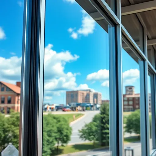 Pristine window on a modern building in Gladstone MN reflecting blue sky and cityscape, highlighting professional cleaning.