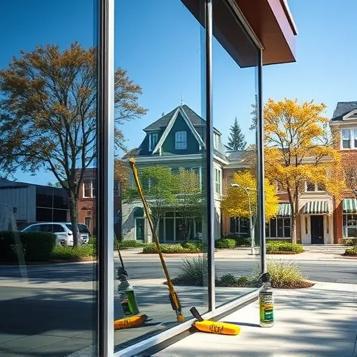 Spotless modern commercial building in Bailey’s Arbor MN with gleaming windows reflecting trees and sky, featuring professional cleaning equipment.