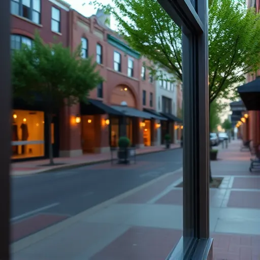 Pristine clean window reflecting historic brick buildings and lush greenery in a professional commercial setting in Stillwater MN