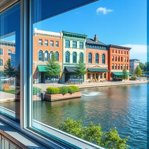 Sparkling clean renovated window on upscale building in Stillwater MN reflecting historic downtown riverfront with greenery and St. Croix River