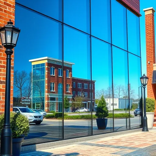 Spotless commercial building with sparkling glass windows reflecting blue sky, historic brick and charming district features