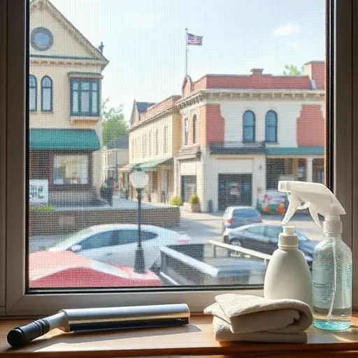 Pristine window screen cleaning in Stillwater MN showing a sparkling screen, tools, and historic waterfront background