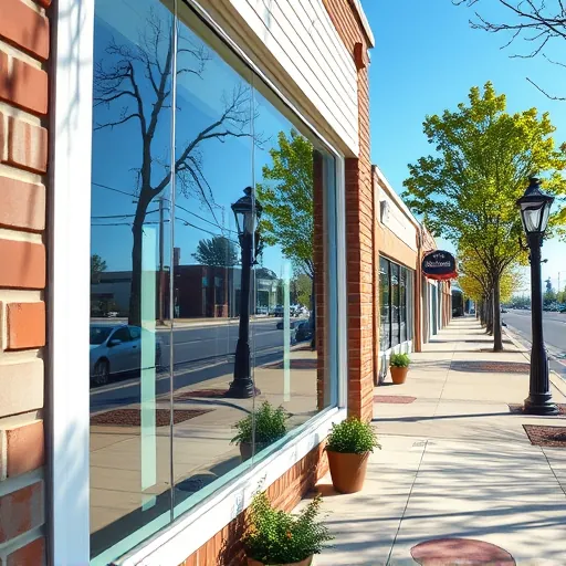 Pristine modern storefront window reflecting surrounding architecture and blue sky in a tidy Cottage Grove street scene