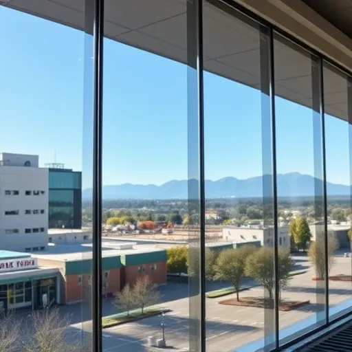 Pristine modern commercial building window reflecting cityscape and natural landscape in Dancing Waters MN