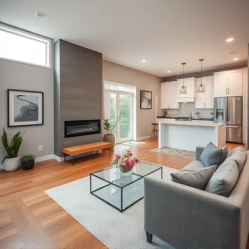 Modern living room remodel in Newport MN with hardwood floors, large windows, minimalist furniture, and a contemporary fireplace.