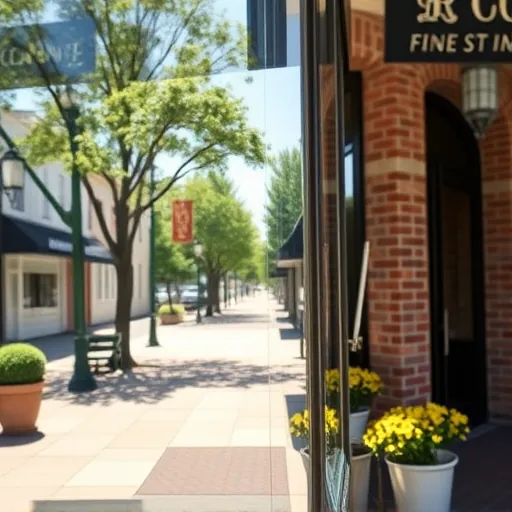 Sparkling clean storefront window reflecting historic Lake Elmo Village brick facades and lush trees.