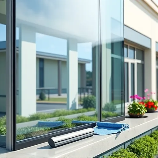 Pristine clean reflective window on a modern building in Lake Elmo MN with cleaning tools and lush landscaping.