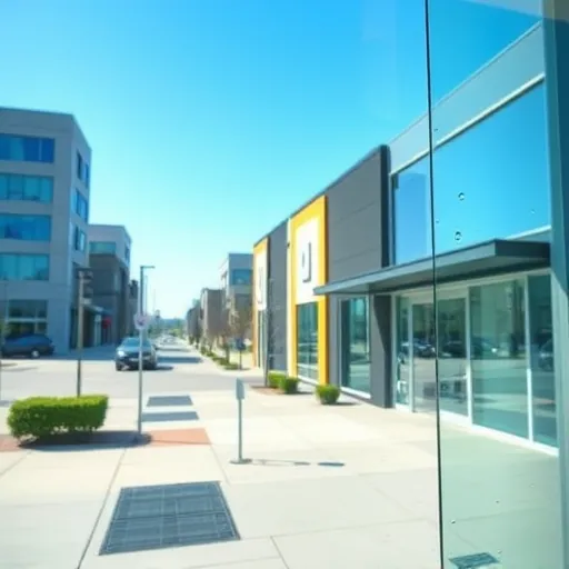 Sparkling cleaned window on modern South Hill commercial building reflecting blue sky and cityscape with water droplets.