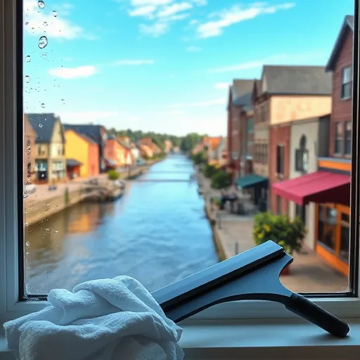 Close-up of a spotless window reflecting Stillwater MN townscape and St. Croix River, surrounded by cleaning tools.